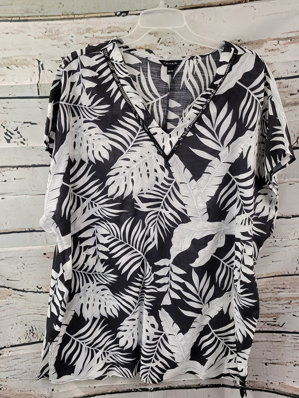 Tahari Black White Tropical Leaf Tunic Beach Cover Up XXL Resort Style Swim